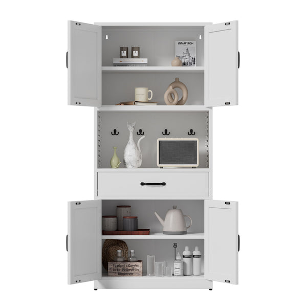 Kitchen Pantry Cabinet With Adjustable Shelves, Drawers, Hooks And Large Countertop - White