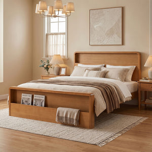 Queen Bed Frame With Dual Open Storage Headboard And Footboard, No Box Spring Needed - Light Brown