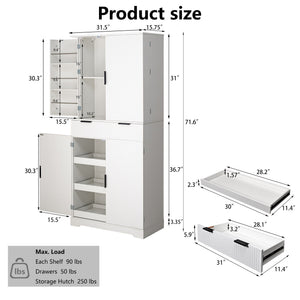 Fluted Kitchen Pantry Cabinet With 3 Keyboard Drawers & 6 Adjustable Door Shelves