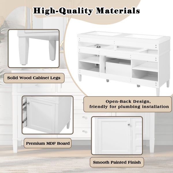 Bathroom Vanity With Double Sink, 3 Drawers, 2 Doors, Adjustable Shelves, Freestanding - White