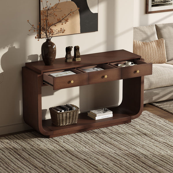 Console Table With 3 Drawers, Display Shelf, Curved Legs - Walnut