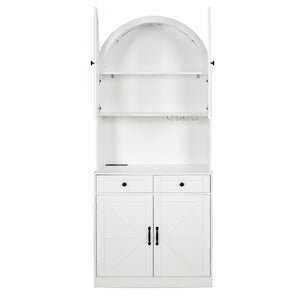 Tall Arched Pantry Cabinet With Charging Station, Adjustable Shelves, Coffee Bar