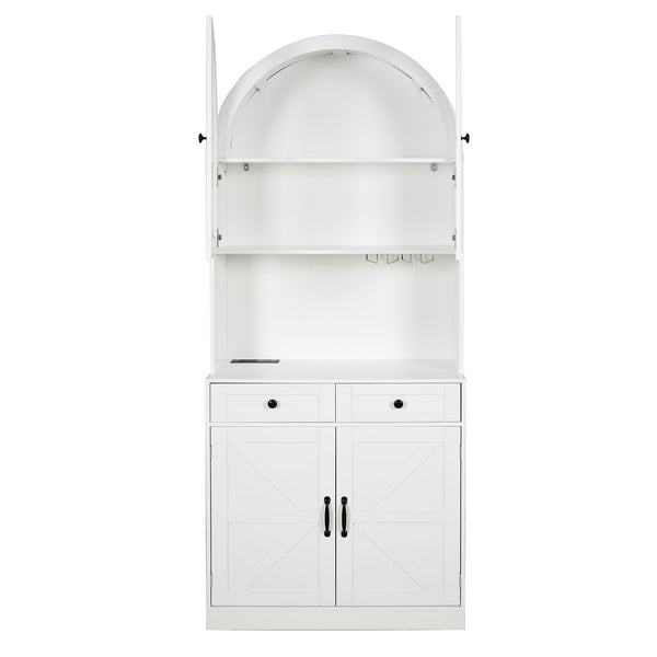 Tall Arched Pantry Cabinet With Charging Station, Adjustable Shelves, Coffee Bar
