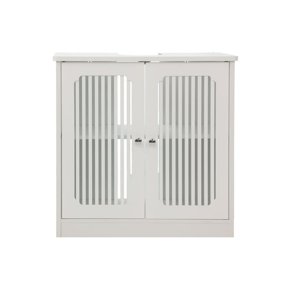 Louvered Double Door Floor Standing Bathroom Vanity Cabinet With Adjustable Shelf - White