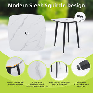 Outdoor Bar Table, Rounded Square Sintered Stone Top With Umbrella Hole, Rust Free Frame, Weatherproof - Ember Black / White