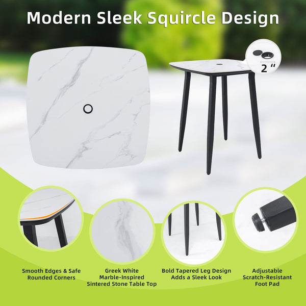 Outdoor Bar Table, Rounded Square Sintered Stone Top With Umbrella Hole, Rust Free Frame, Weatherproof - Ember Black / White
