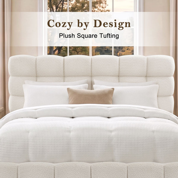Pula - Queen Platform Bed With Upholstered Headboard, Slat Support, No Box Spring Needed - Ivory