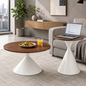 2 Piece Round Coffee Table Set - Walnut / White