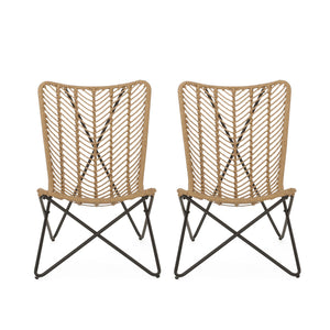 Wicker Chair With Geometric Cross Base, (Set of 2) - Light Brown