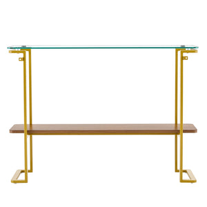 Console Table With Shelf, 2 Tier Living Room - Gold / Walnut