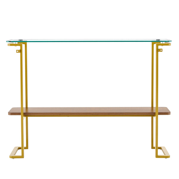 Console Table With Shelf, 2 Tier Living Room - Gold / Walnut
