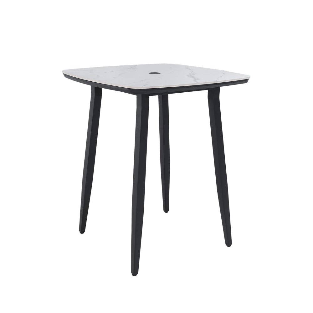 Outdoor Bar Table, Rounded Square Sintered Stone Top With Umbrella Hole, Rust Free Frame, Weatherproof - Ember Black / White