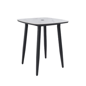 Outdoor Bar Table, Rounded Square Sintered Stone Top With Umbrella Hole, Rust Free Frame, Weatherproof - Ember Black / White