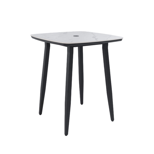 Outdoor Bar Table, Rounded Square Sintered Stone Top With Umbrella Hole, Rust Free Frame, Weatherproof - Ember Black / White