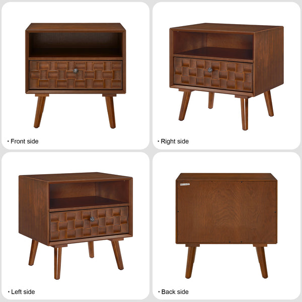 Nightstand With Carved Geometric Drawer Front, 1 Drawer And Open Shelf