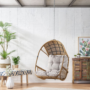 Outdoor / Indoor Wicker Hanging Chair With 8Ft Chain - Light Brown / Beige