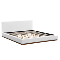 Elegant Boucle Upholstered Bed With Wood Grain Textured Solid Wood Base Frame