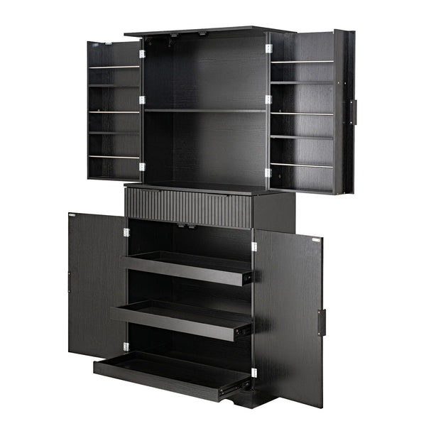 Fluted Kitchen Pantry Cabinet With 3 Keyboard Drawers & 6 Door Shelves Adjustable