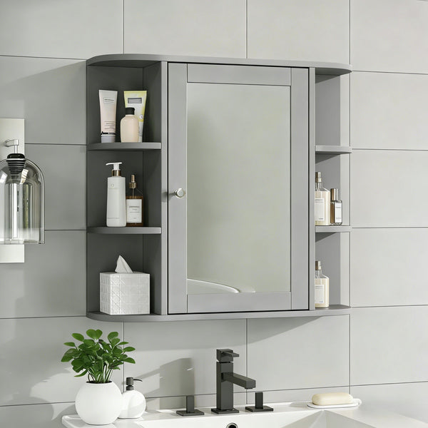 Bathroom Wall Storage Cabinet With Mirror And Adjustable Shelf, 6 Open Shelves