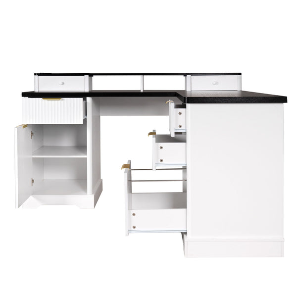 Fluted L-Shaped Desk With Charging Station & Storage Cabinet