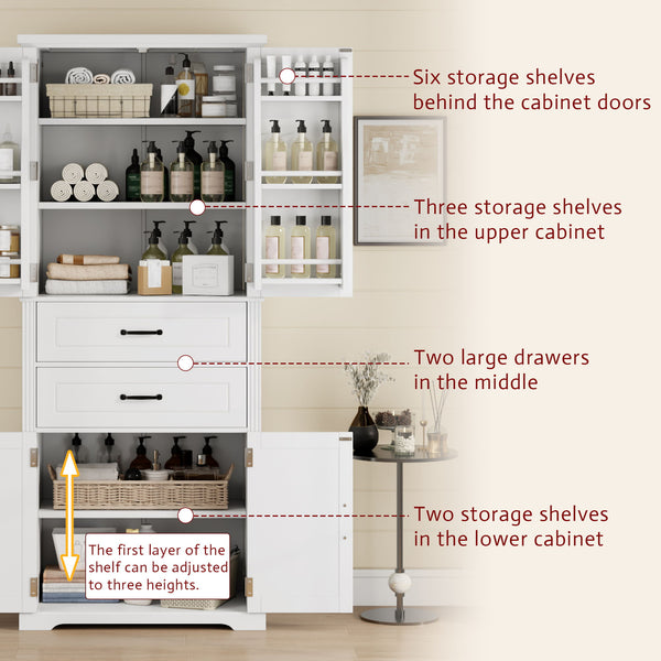 Multi Functional Storage Cabinet With Adjustable Shelves, 2 Drawers, Door Shelves
