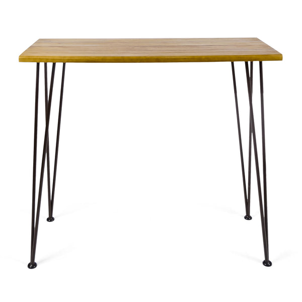 Dione Outdoor Industrial Acacia Wood Bar Set With Metal Frame And Slat Paneling - Brown