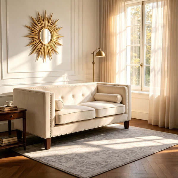 Button Tufted Square Arm Loveseat Sofa With Nailhead Trim, Upholstered 2 Seater Couch - Ivory