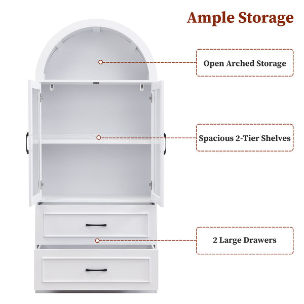 Arched Top Storage Cabinet With Fixed 2 Tier Shelves, 2 Large Drawers