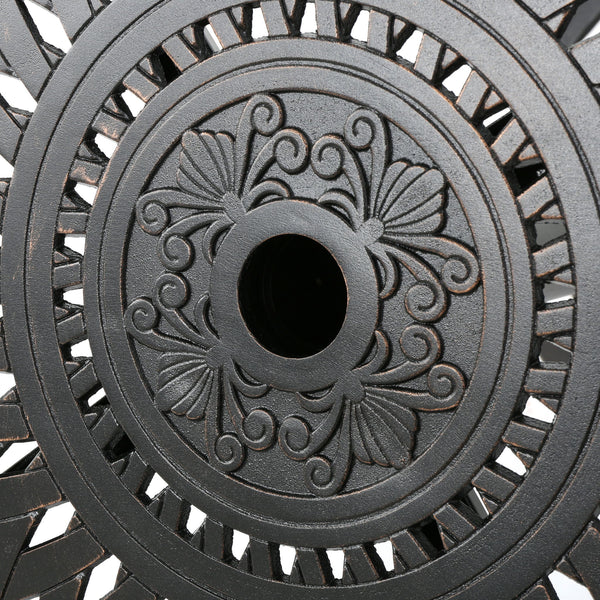 Elegant Cast Aluminum Round Bar Table With Romantic Filigree Design - Copper