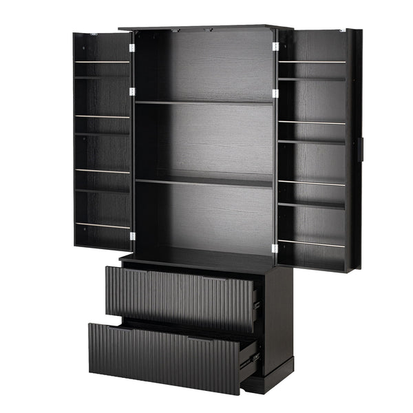 Fluted Kitchen Pantry Cabinet With 2 Large Drawers & 8 Door Spice Rack Freestanding Storage Organizer - Black