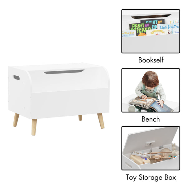 Toy Box With Front Bookshelf, Flip Top Lid, Safety Hinge For Kids Room Organization - White