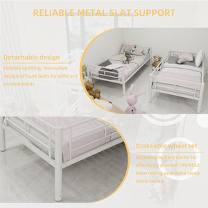 Metal Bunk Bed For Kids, Convertible Bedframe With Ladders & Guardrail