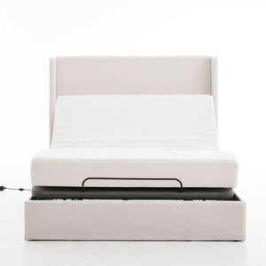 Caron - Queen Size Upholstered Wingback Bed With Adjustable Base Bundle Set - Ivory