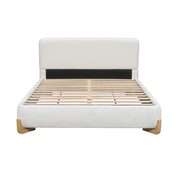 Queen Size Upholstered Bed With 12 Slats Support - White