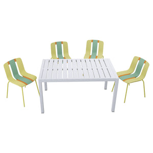 4 Piece Set Of Striped Color Blocking Single Chairs & Long Table - Grain Yellow / Haze Green / Tropical Orange / White