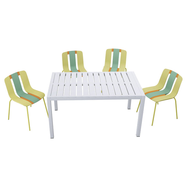 4 Piece Set Of Striped Color Blocking Single Chairs & Long Table - Grain Yellow / Haze Green / Tropical Orange / White