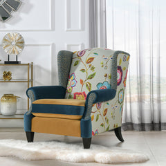 Anya - Boho Chic Wingback Accent Arm Chair - Floral / Leopard / Blue Teal / Yellow Gold