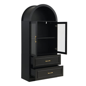 Arched Top Storage Cabinet With Fixed 2 Tier Shelves, 2 Large Drawers