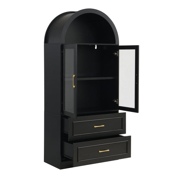 Arched Top Storage Cabinet With Fixed 2 Tier Shelves, 2 Large Drawers