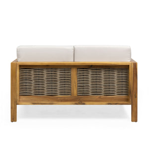 Outdoor 4 Seater Acacia Wood Chat Set With Wicker Accents And Cushions - Teak / Mixed Brown / Beige