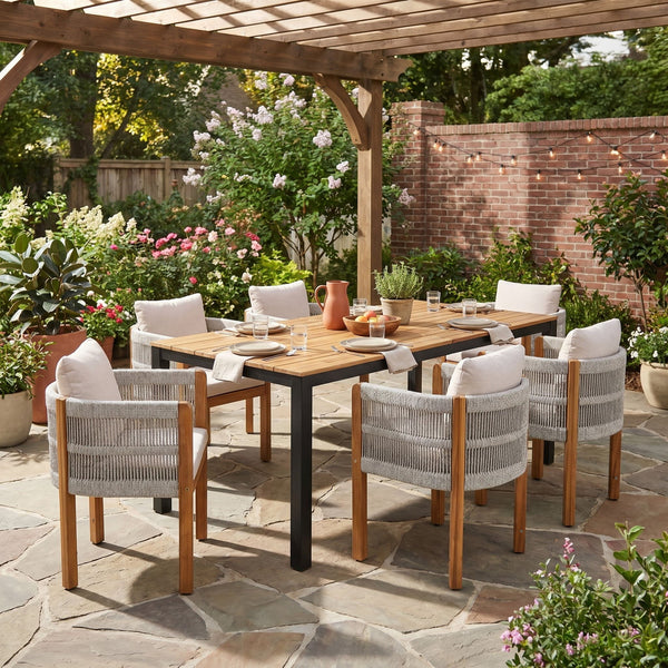 7 Piece Outdoor Dining Set With Table And 6 Chairs - Beige / Teak / White