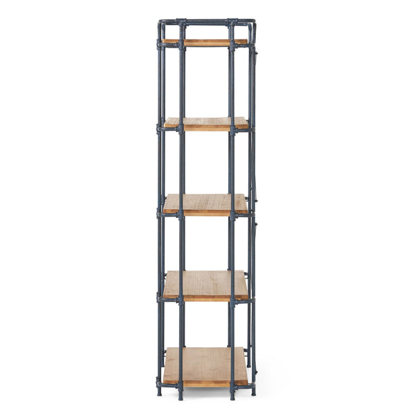 Yorktown - Industrial 5 Shelf Bookcase With Metal Pipework And Solid Fir - Natural