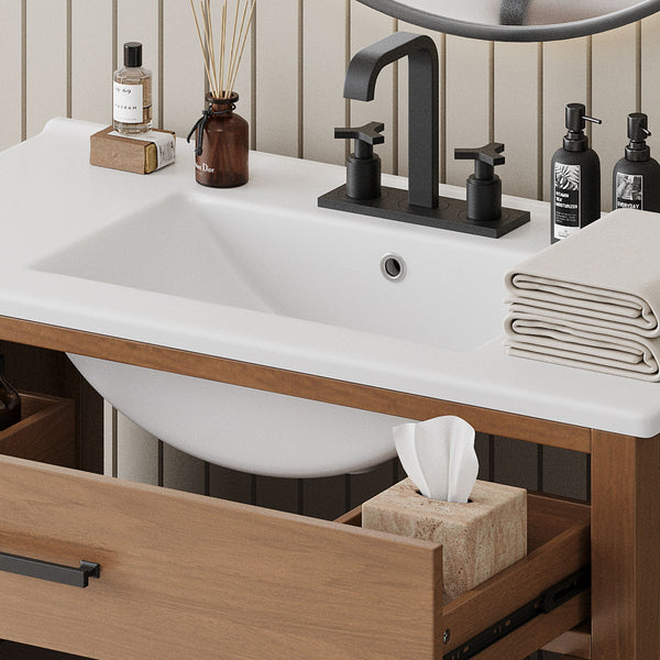 Bathroom Vanity With Ceramic Sink, Modern Free Standing Cabinet With Soft Close Drawers
