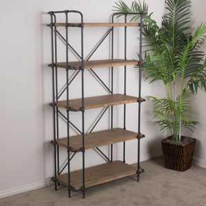 Yorktown - Industrial 5 Shelf Bookcase With Metal Pipework And Solid Fir - Natural