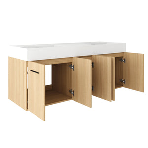 Floating Double Sink Bathroom Vanity With Extra Large Storage, Integrated Sink, Soft Close Doors, Wall Mounted Bath Vanity - Glossy White / Light Oak