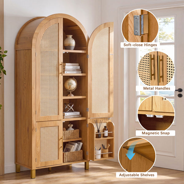 Tall Arched Cabinet With Rattan Doors & Adjustable Shelves