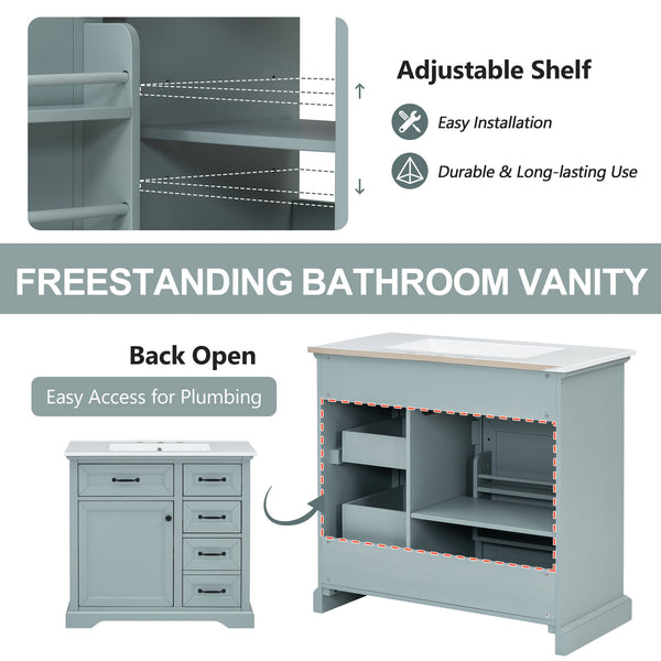 36" Bathroom Vanity With Sink, 2 Tip Out Drawers, Soft Close Hinges