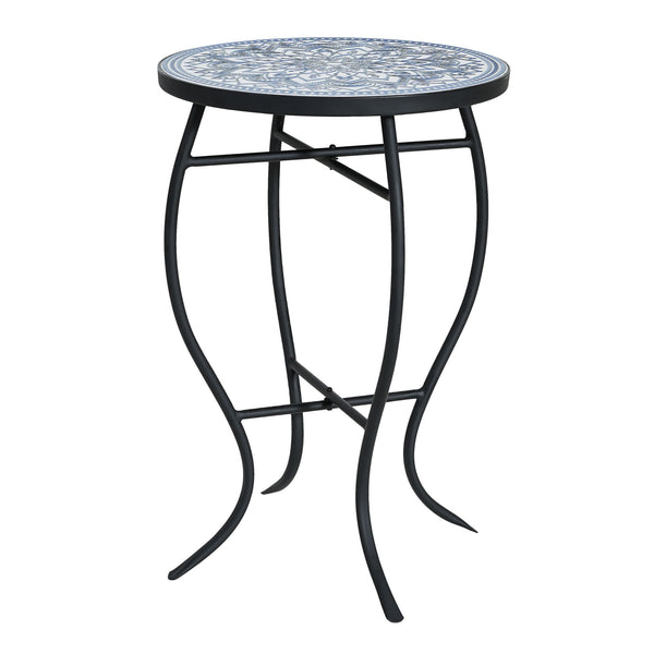 Outdoor Round Side Table With Mosaic Style Top And Curved Iron Legs