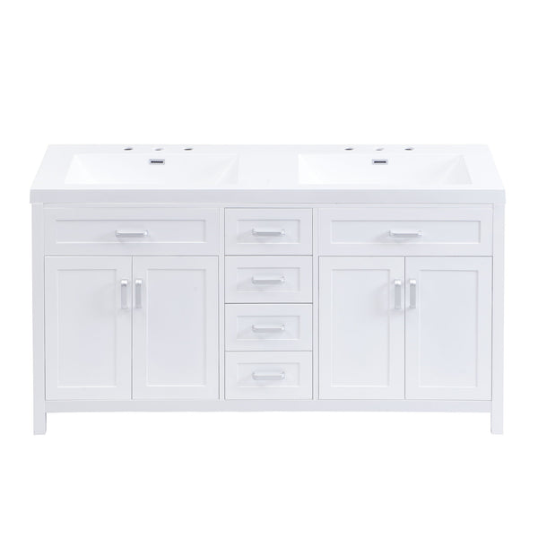 59.1" Minimalist Double Sink Bathroom Vanity With Top, Soft Close Doors & Drawers - White