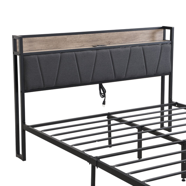 Modern Bed Frame With LED Lights, Upholstered Headboard, USB Charging